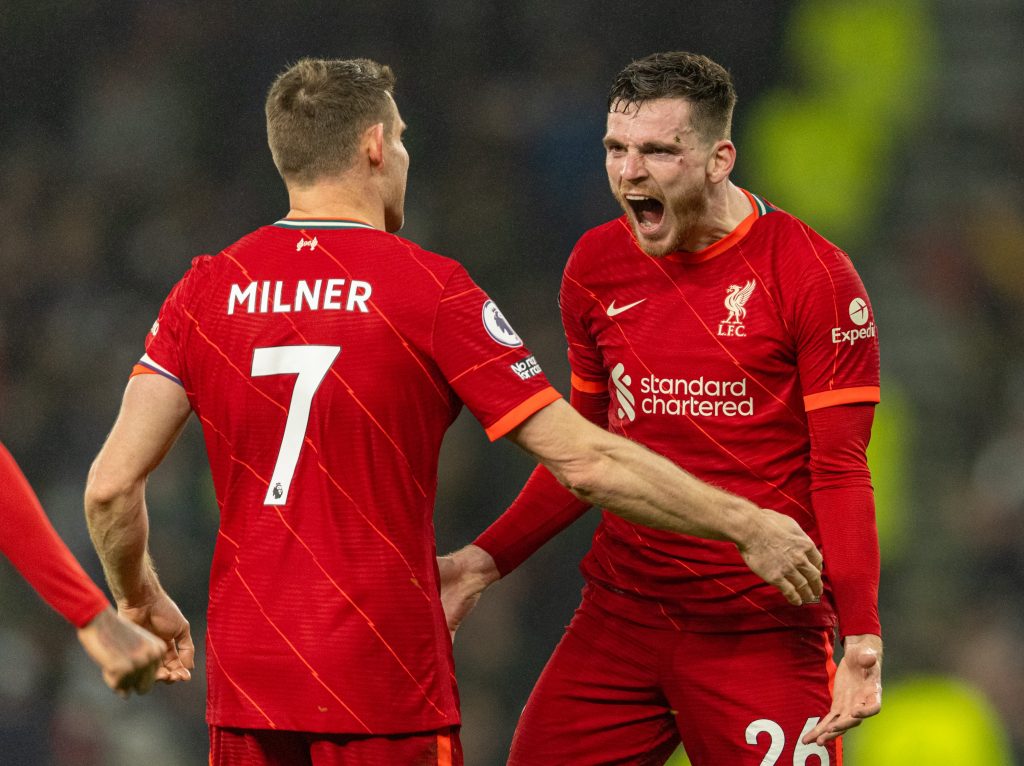 Andy Robertson celebrates his goal with James Milner