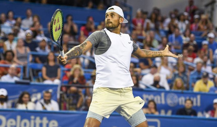 Washington, D.C, USA. 6th Aug, 2022. NICK KYRGIOS hits a volley during his semifinal match against Mikael Ymer at the Rock Creek Tennis Center. (Credit Image: © Kyle Gustafson/ZUMA Press Wire)