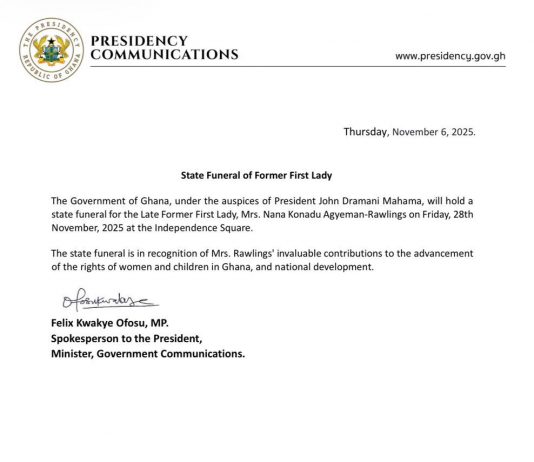 State funeral for Nana Konadu Agyemang Rawlings set for November 28