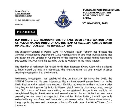Galamsey: IGP, Mr. Christian Tetteh Yohuno orders CID to takeover probe into attack on NAIMOS at Hwidiem
