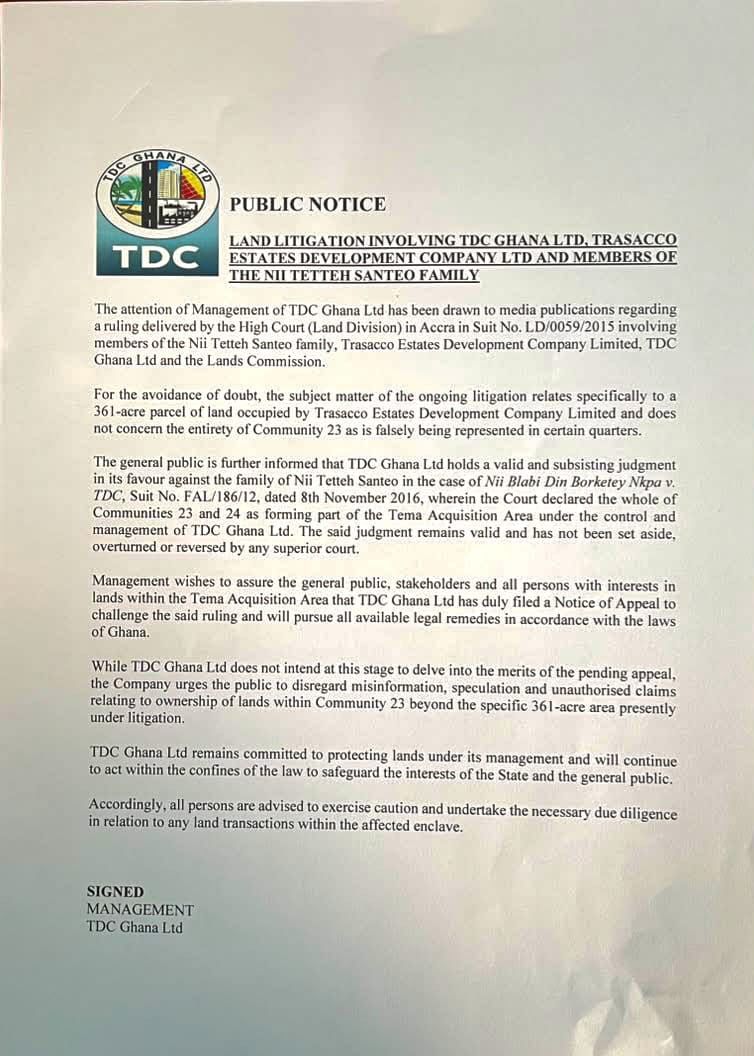 TDC Ghana Ltd clarifies Community 23 land dispute, files appeal over court ruling