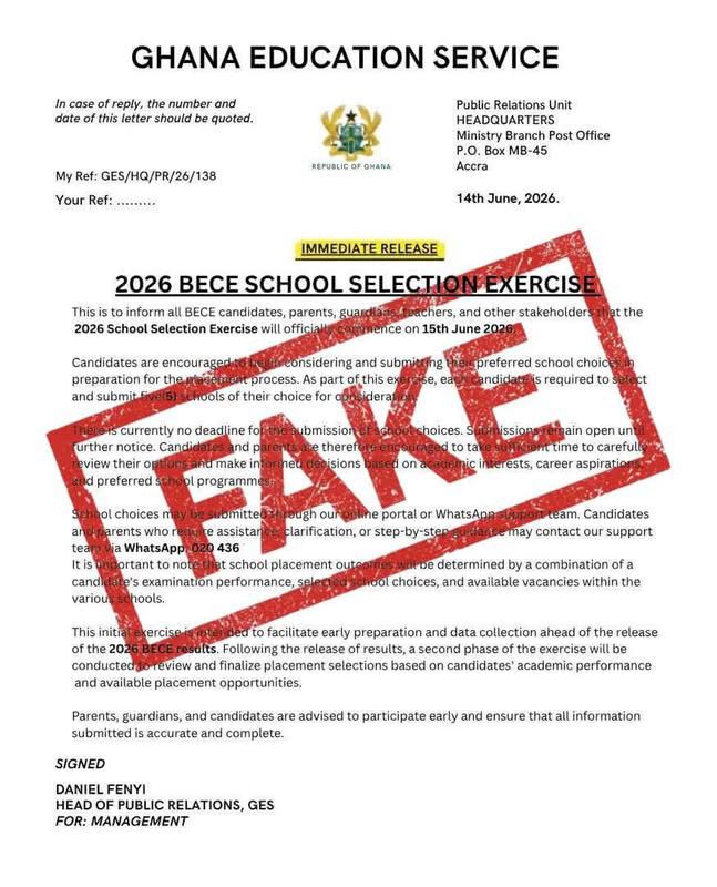 Ghana Education Service cautions public against fake BECE school selection announcement