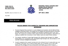 Accra Regional Police Command arrest 5 suspected armed robbers, landguards at Sapeiman; weapons retrieved