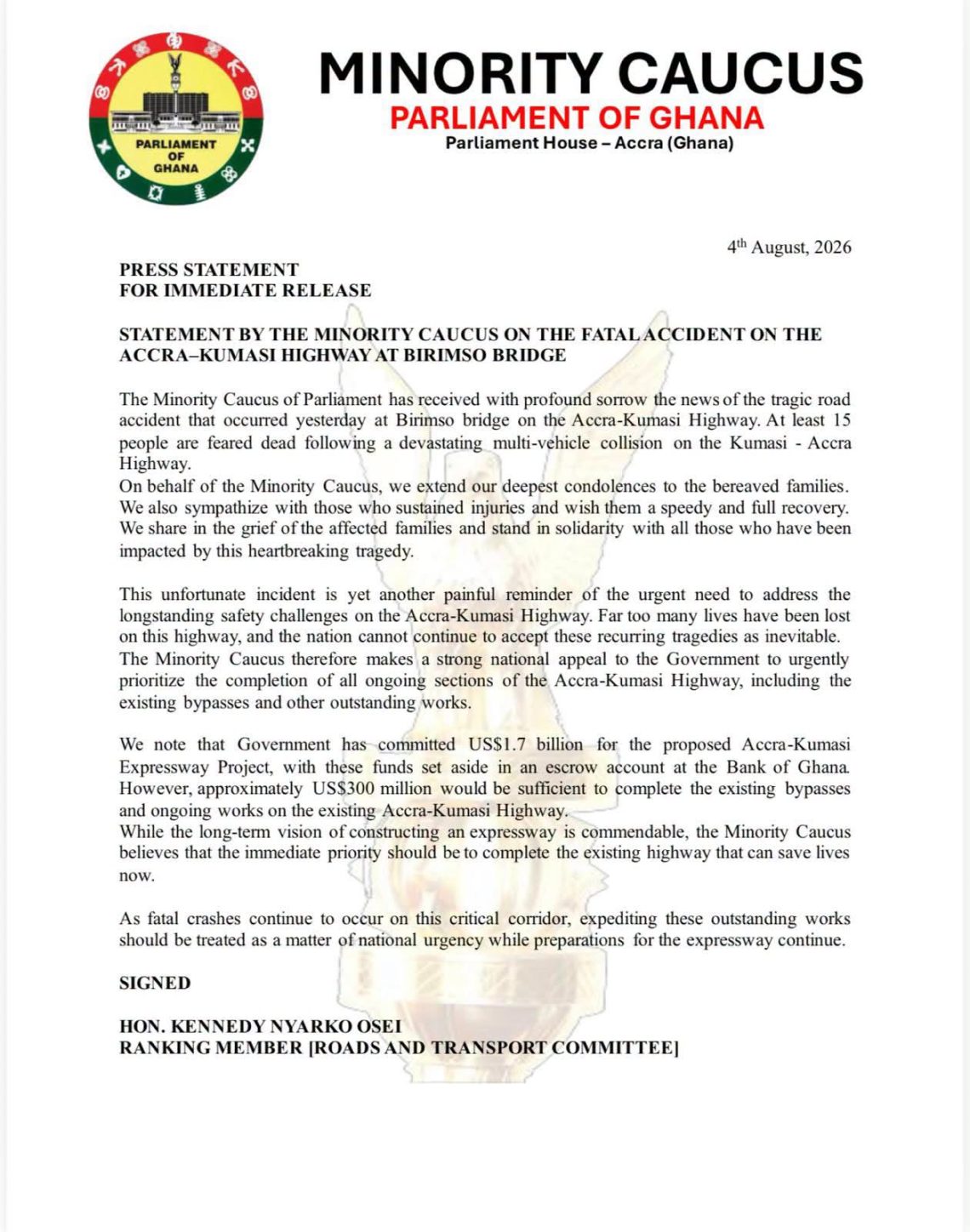 Minority Caucus in Parliament tells govt to complete Accra-Kumasi Highway works, tragedies unacceptable