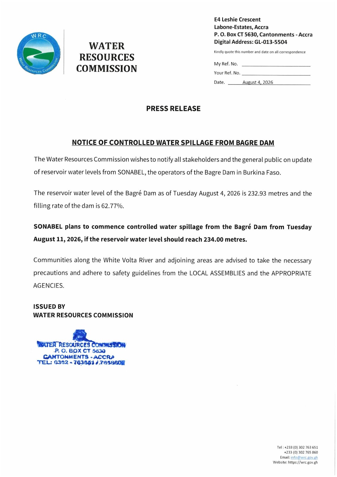 Water Resources Commission reveals Burkina Faso likely to begin Bagre Dam spillage August 11