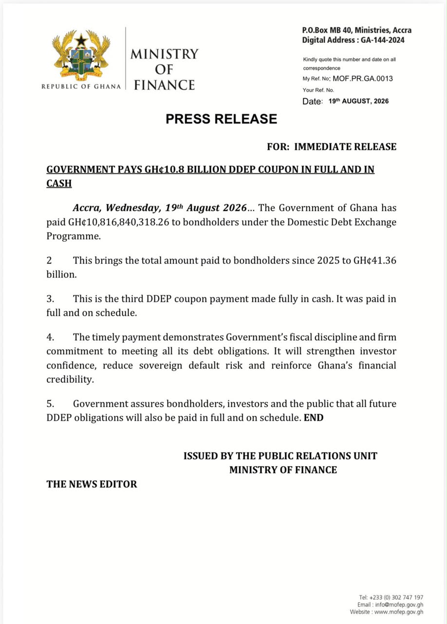 Government Pays GH¢10.8 Billion DDEP Coupon in Full