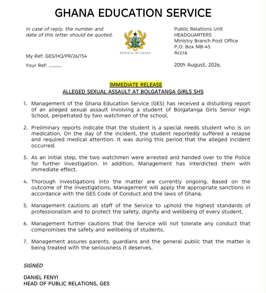 GES Investigates Alleged Sexual Assault at Bolgatanga Girls SHS