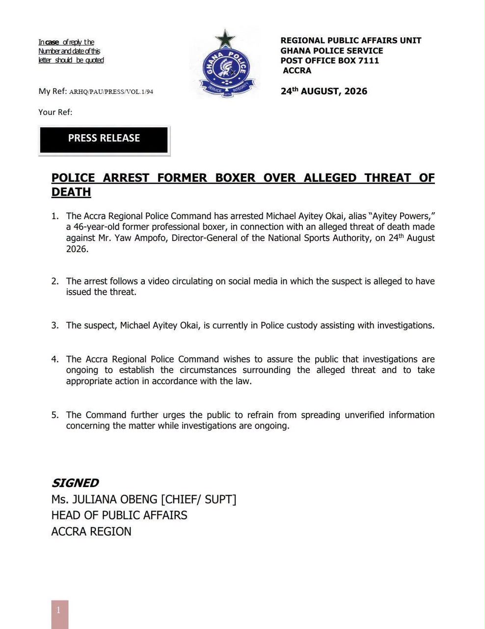 Police arrest former Boxer Ayitey powers over alleged death threat