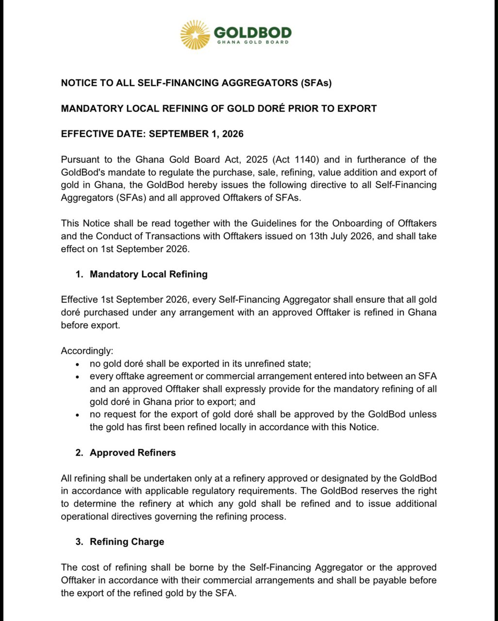 GoldBod makes local Gold refining mandatory before export