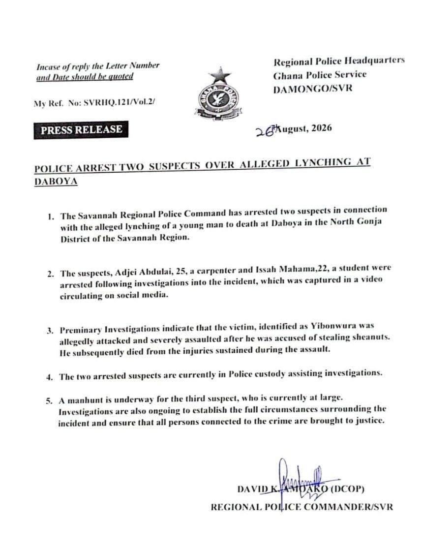 Police arrest two suspects over alleged lynching at Daboya