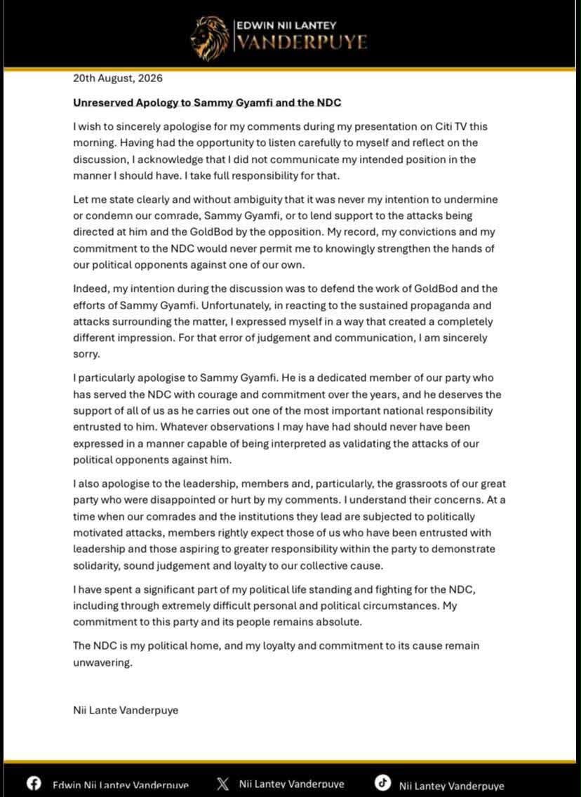 Edwin Nii Lantey Vanderpuye unreserved Apology to Sammy Gyamfi and the NDC