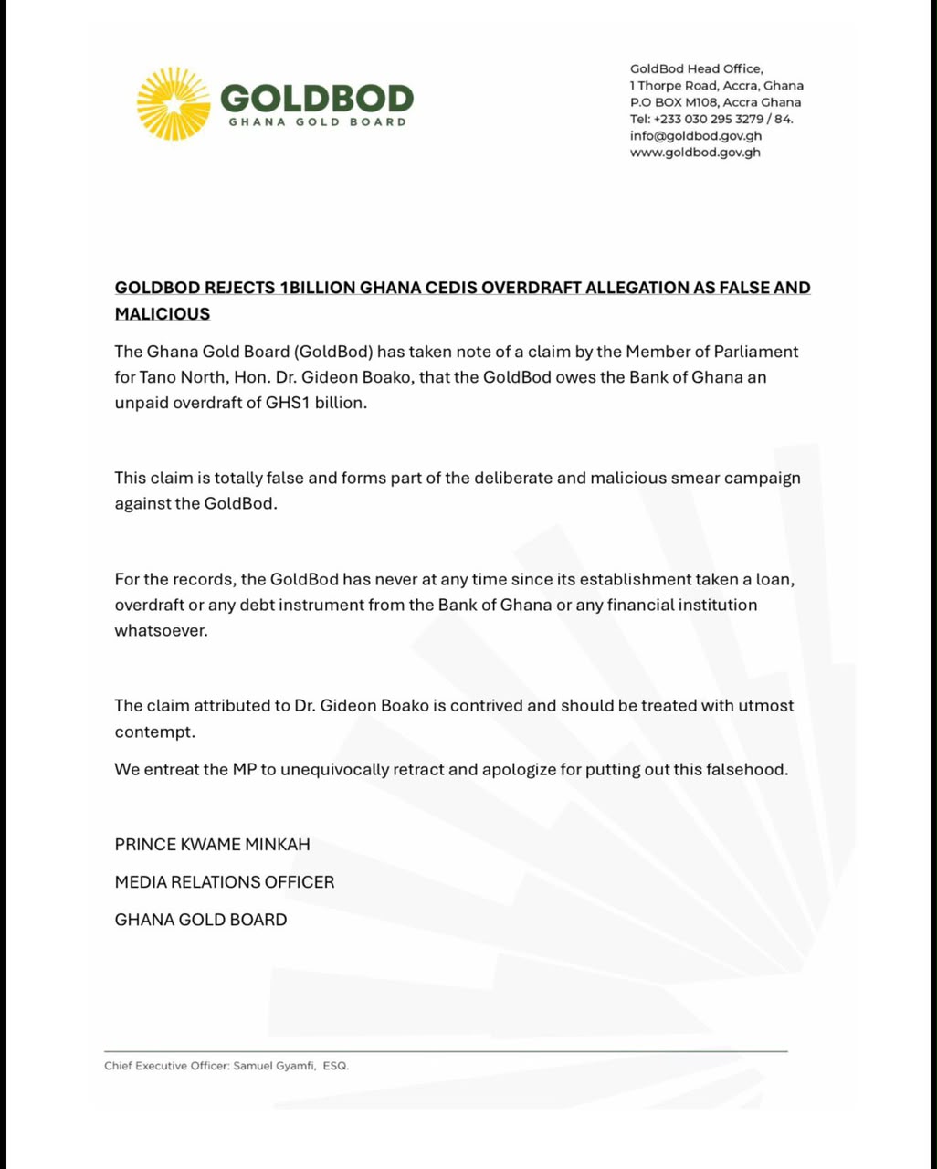 GoldBod rejects GH¢1 billion overdraft allegation