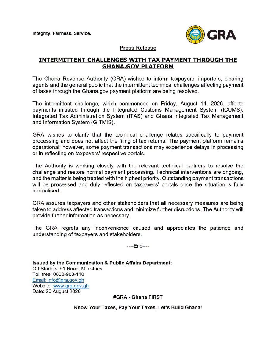GRA Addresses Technical Challenges Affecting Tax Payments on Ghana.gov
