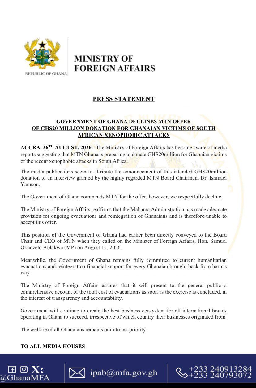 Government declines MTN’s GH¢20 million donation for Ghanaian victims of South African xenophobic attacks