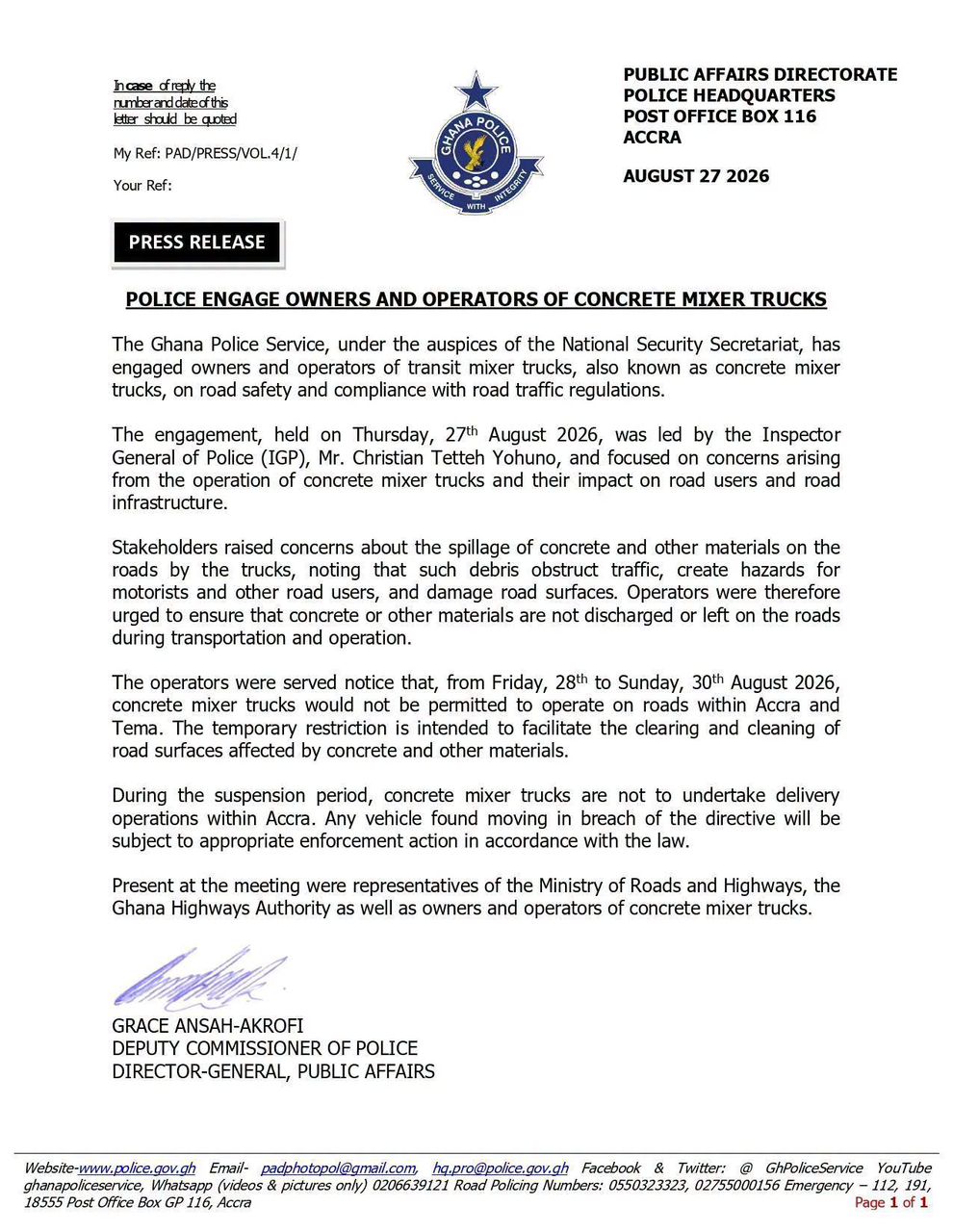 Police suspend concrete mixer truck operations in Accra and Tema over road safety concerns