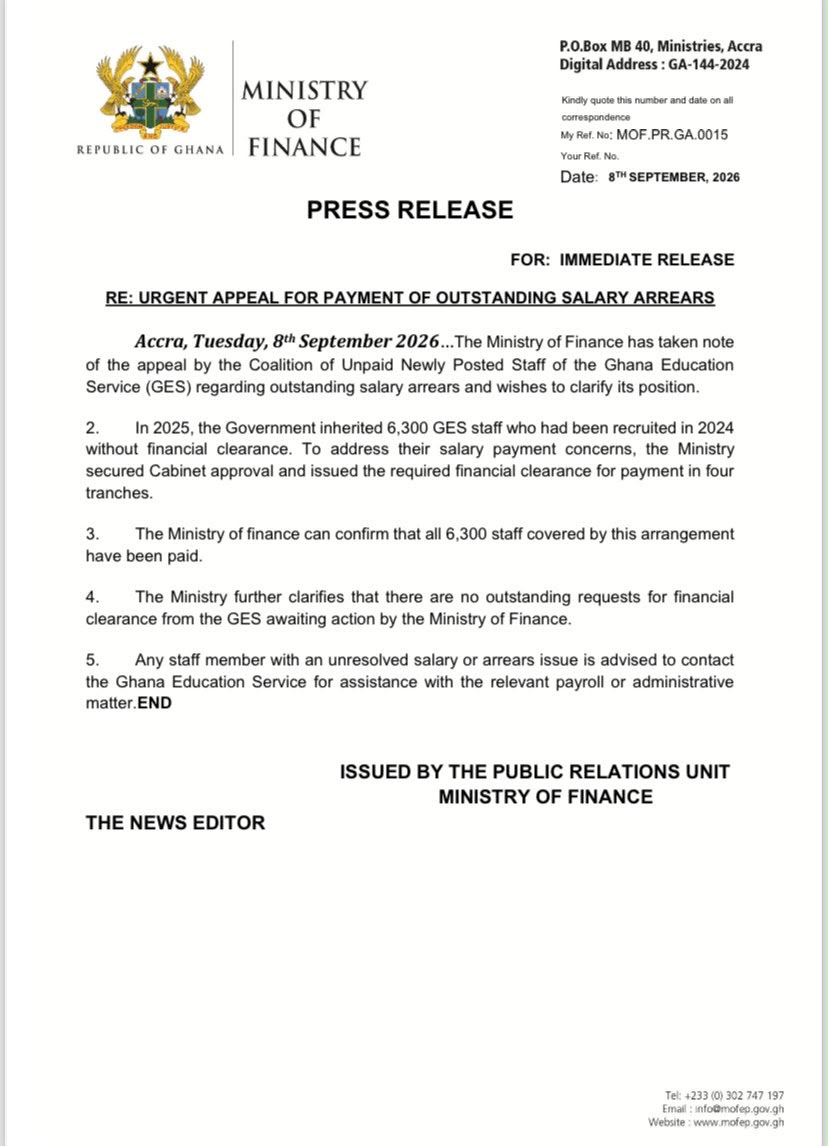 Finance Ministry says all 6,300 GES staff have been paid