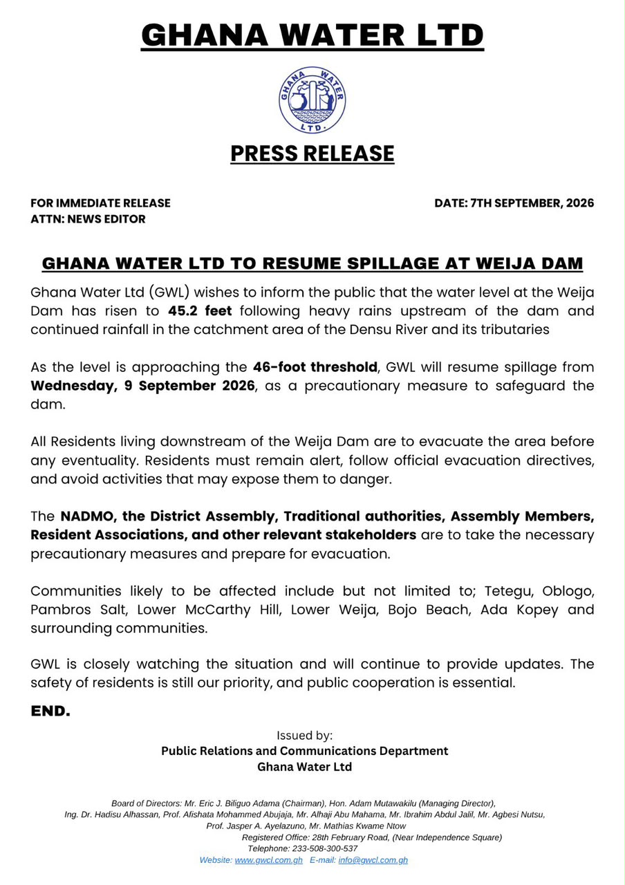 Ghana Water Ltd to resume spillage at Weija sam